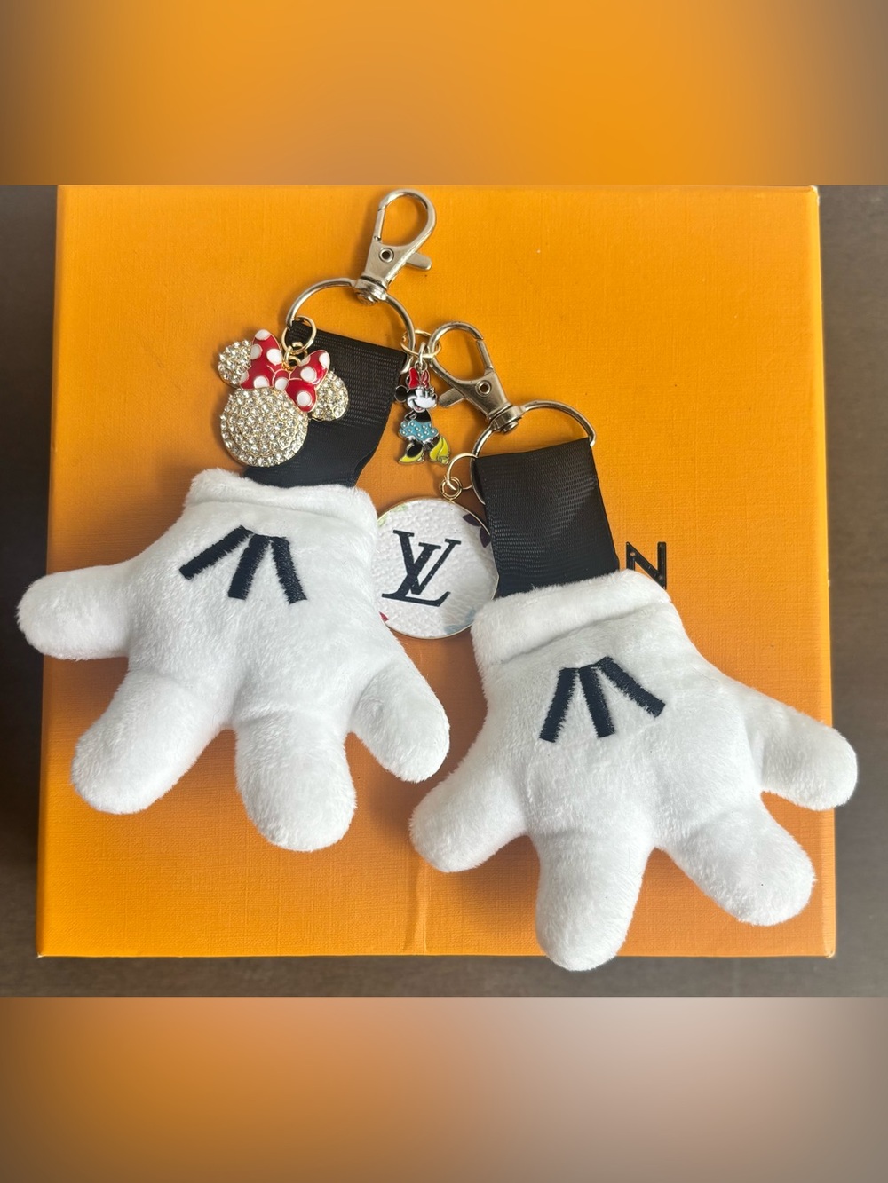 Louis Vuitton Murakami Logo, Disney Minnie Mouse Bag Charm, Plush White Gloves